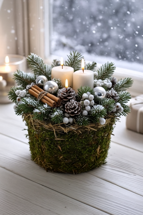 Pomysł na dekorację z użyciem koszyczka z mchu i siana: