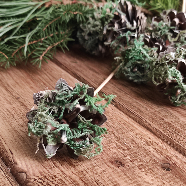 Szyszki na drewnianych pikach w mchu – 6 szt. | 18 cm | Dekoracja DIY