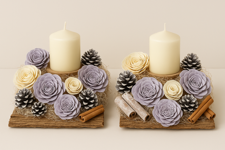 Zestaw DIY – Podwójna Zimowa Kompozycja na Jasnej Korze z Pastelowymi Kwiatami, Szyszkami i Świecami | Dekoracja Premium
