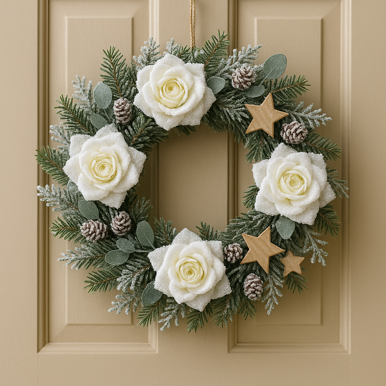 Ośnieżone Białe Róże – Eleganckie Główki do Zimowych Dekoracji (Zestaw 6 szt.)