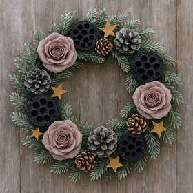 Wianek świąteczny na naturalnym igliwiu z czarnymi lotosami, różami i szyszkami do kompozycji i stroików