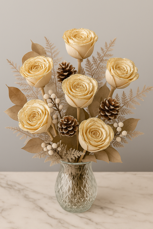 Złote Róże Shola na Piku 20 cm – Eleganckie Akcenty Dekoracyjne do Stroików i Bukietów