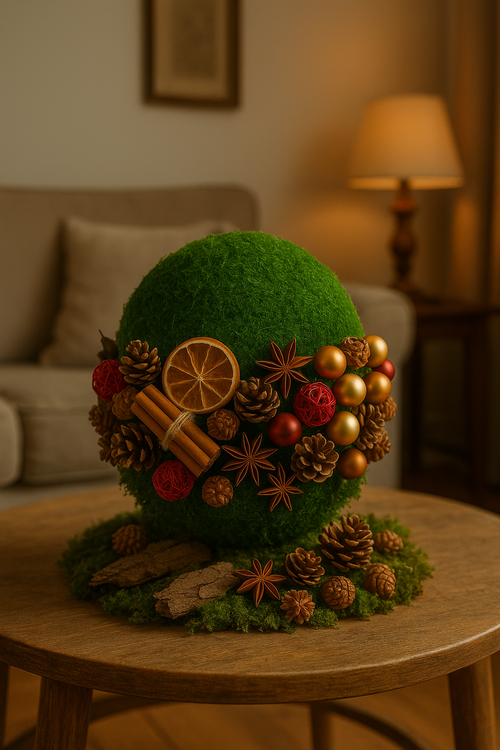Zestaw DIY – Kula z Mchu 20 cm + Naturalne Dekoracje Leśne | Szyszki, Kora, Pomarańcze, Cynamon, Anyż, Bombki