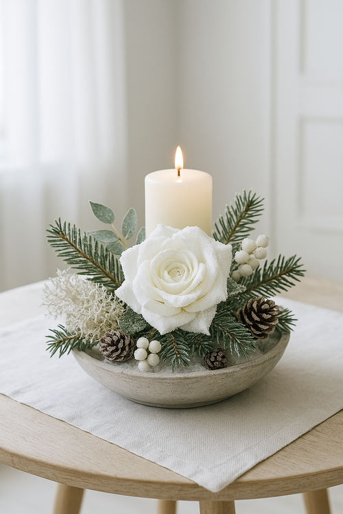 Ośnieżone Białe Róże – Eleganckie Główki do Zimowych Dekoracji (Zestaw 6 szt.)