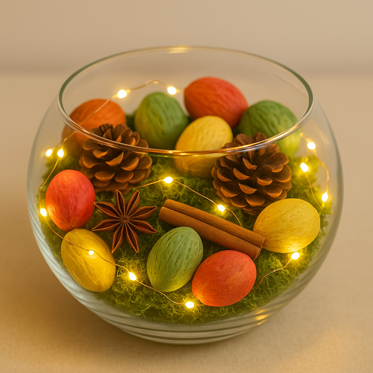 GrandDeco Dekoracja 0,5 l – Kolorowe Owoce, Mech, Szyszki i Cynamon – Naturalna Zimowa Kompozycja