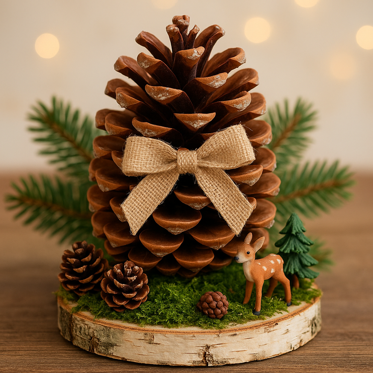 Szyszka dekoracyjna na podstawie z drewna – ozdoba świąteczna Boże Narodzenie naturalna eco handmade