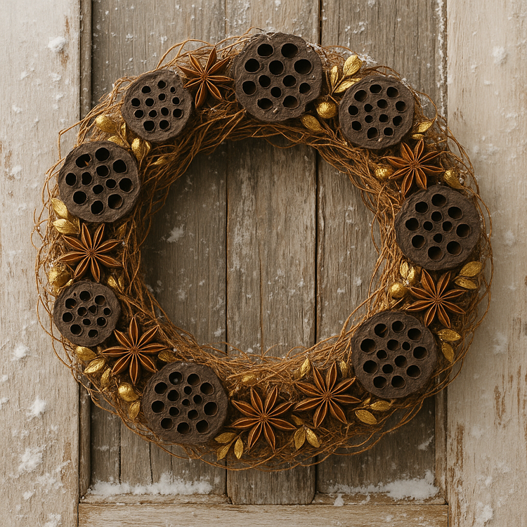 Zestaw naturalnych dekoracji: korzonki, anyż i lotosy – brązowo-złota kompozycja DIY