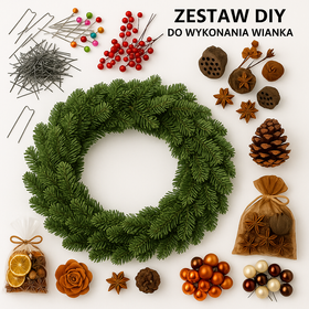Zestaw DIY do stworzenia świątecznego wieńca – naturalne dekoracje, baza świerkowa, bombki, suszone owoce, jagody – komplet do samodzielnego wykonania