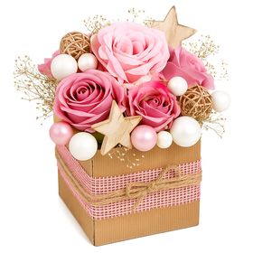 Świąteczna dekoracja w pudełku kraft z różami i bombkami 20–25 cm