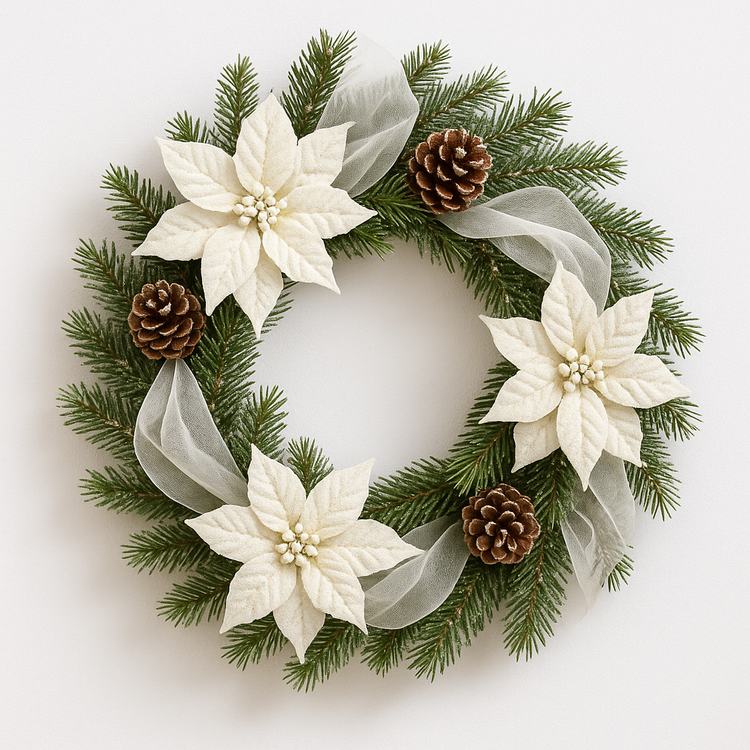 Świąteczny Wianek 25 cm z Białymi Gwiazdami Betlejemskimi – Elegancja Kolekcji GrandDeco