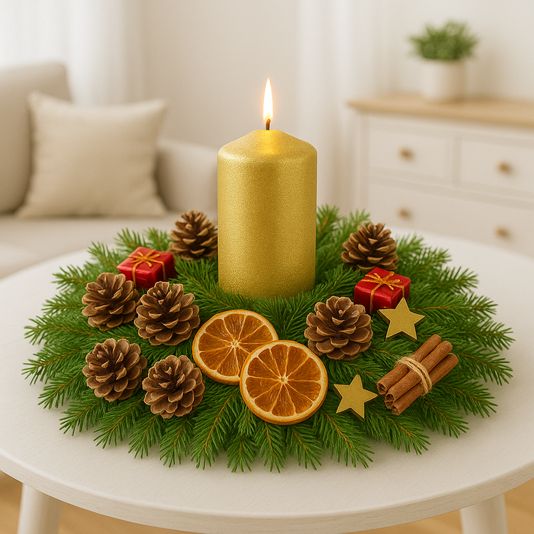 Zestaw DIY Stroik Świąteczny De Lux – Złota Świeca, Czerwone Prezenciki, Naturalne Szyszki, Pomarańcze i Gwiazdki