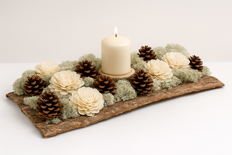 Zestaw DIY Naturalna Dekoracja ze Świecą – kora 28×10 cm, szyszki, kwiaty shola, mech – naturalny stroik handmade