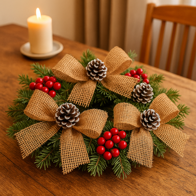 Kokardy jutowe z szyszką 3 szt. GrandDeco | Ręcznie robione | Ozdoby świąteczne 15×18 cm | Dekoracja prezentów, wieńców, stroików