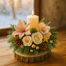 Stroik na stół wigilijny z brzozowego drewna ze świecą, różami i gałązkami w kremowo-różowej tonacji