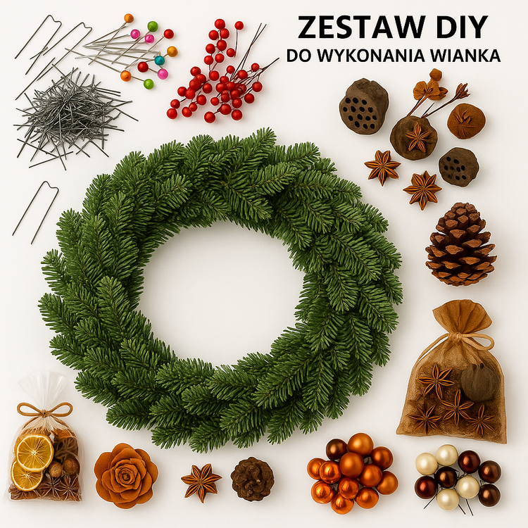 Zestaw DIY do stworzenia świątecznego wieńca – naturalne dekoracje, baza świerkowa, bombki, suszone owoce, jagody – komplet do samodzielnego wykonania