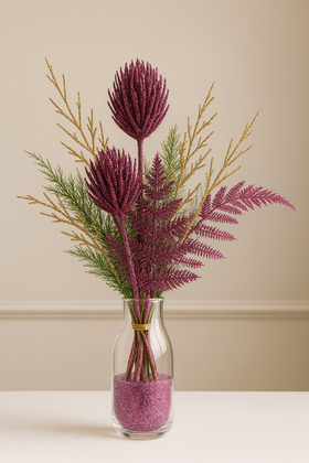Elegancki bukiet dekoracyjny z fioletowym brokatowym ostem – intensywny kolor, świąteczny blask
