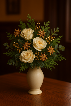 Bukiet świąteczny 30 cm – zielono-kremowo-złoty, gałązki, róże i złote dodatki