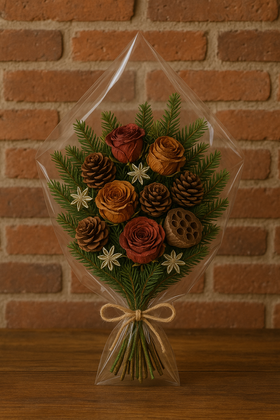 Bukiet świąteczny 30 cm – brązowo-zielony z igliwia, srebrne gwiazdki anyżu, naturalny charakter