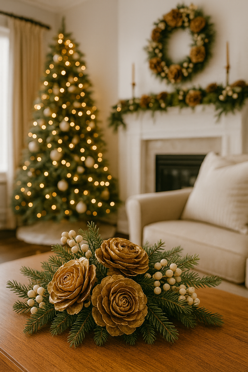 Złote Róże Cedrowe 12 szt – Ekskluzyjne Dekoracje GrandDeco do Stroików, Świątecznych Kompozycji i DIY