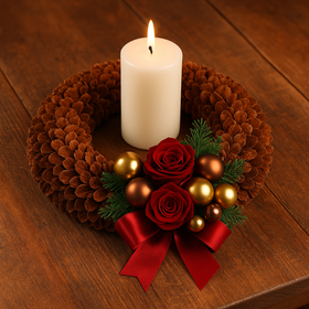 Wianek z Bukowych Szyszek ze Złotymi i Brązowymi Bombkami – Elegancki Stroik na Stół