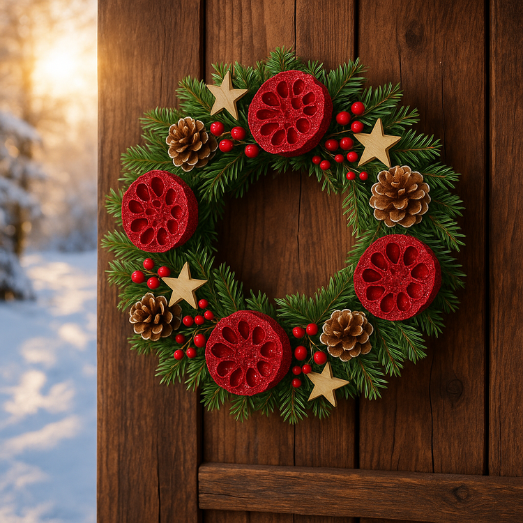 Wianek świąteczny na drzwi 25 cm – naturalne igliwie, róże, lotosy, szyszki, zielono-czerwona dekoracja