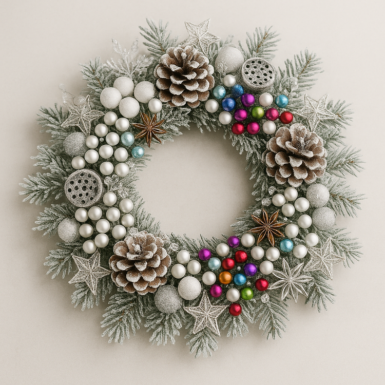 Świąteczny wianek GrandDeco 25–30 cm • Oszronione igliwie • Szyszki • Perły • Gwiazdki • Deluxe Elegance