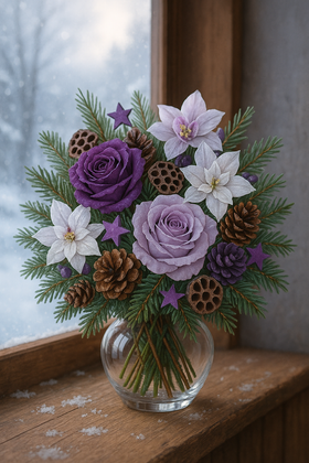 Bukiet świąteczny z igliwia 30 cm – róże, lotosy, szyszki, poinsecje, fioletowo-naturalnyosami, różami i szyszkami do kompozycji i stroików