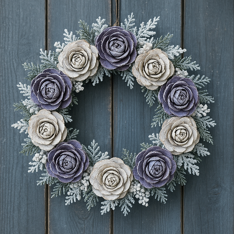 Róże cedrowe biało-fioletowe 12 szt – naturalne główki 3–5 cm do dekoracji