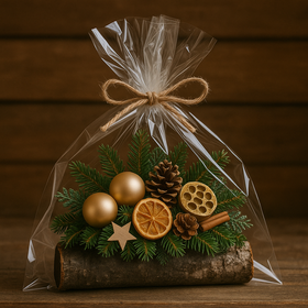 Rustykalny stroik świąteczny na dębowym polanie – złoto, brąz, natura, pomarańcze i szyszki