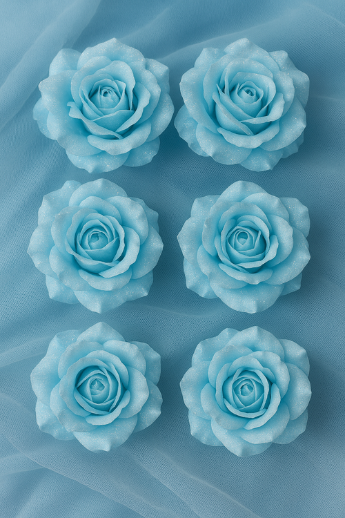 Oszronione róże dekoracyjne – 6 szt., kolor lodowy błękit, średnica główki 12 cm