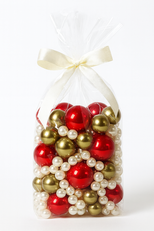 Perełki koraliki dekoracyjne 50g – biało-złoto-czerwone – ok. 250 szt. do stroików, bombek, handmade