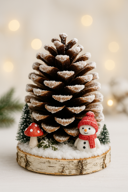 Szyszka dekoracyjna na podstawie z drewna – ozdoba świąteczna Boże Narodzenie naturalna eco handmade