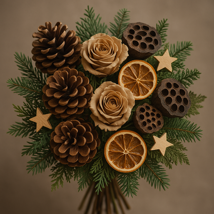 Bukiet zimowy 30 cm na naturalnym igliwiu – szyszki, lotosy, róże, beże i brązy