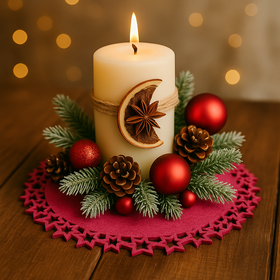 Świąteczny Stroik ze Świecą na Filcowej Macie – Gotowy Prezent w Eleganckim Opakowaniu