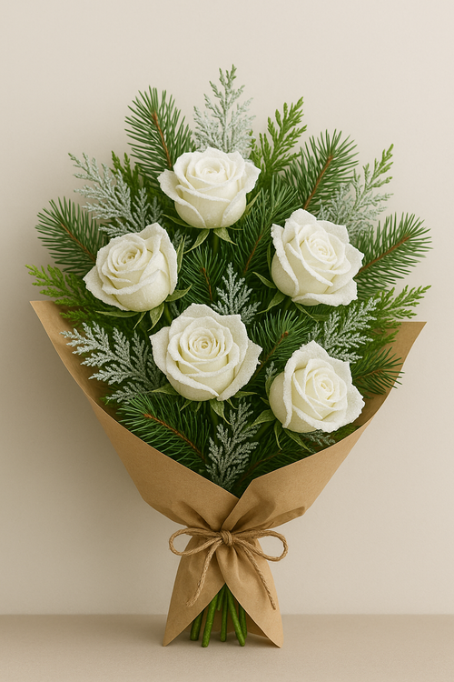 Zimowy Bukiet z 5 Ośnieżonych Róż i Bielonej Zieleni Iglastej