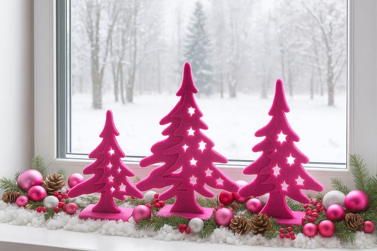 Zestaw 3 filcowych choinek 15 cm – dekoracja świąteczna stojąca – róż / pastel / DIY / stroiki