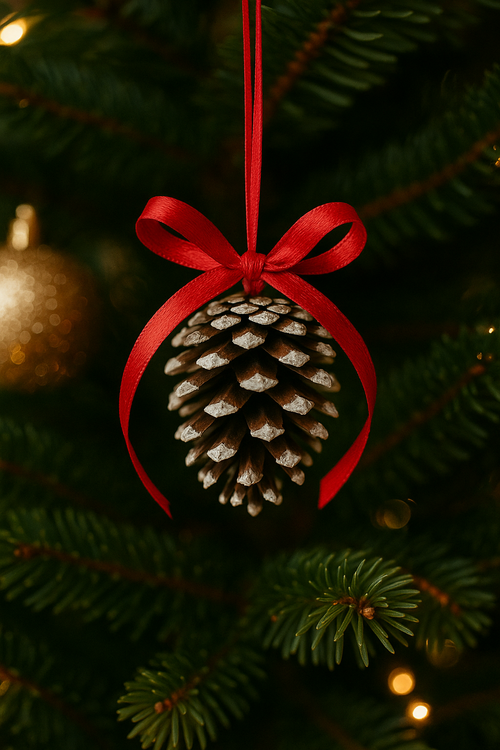 Szyszka z czerwonym akcentem – zestaw naturalnych zawieszek świątecznych