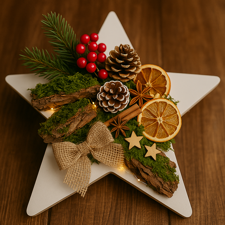 Zestaw DIY Świąteczna Dekoracja na Gwiazdzie 26 cm – Naturalne dodatki – GrandDeco – Stroik Bożonarodzeniowy