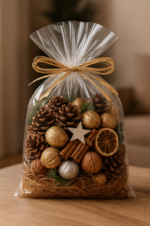 Świąteczna dekoracja do naczynia – złote i srebrne orzechy, szyszki, cynamon, suszone plastry