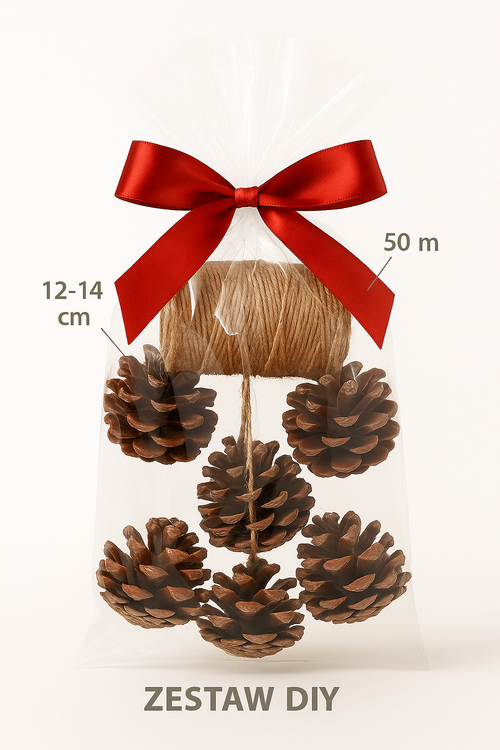 Zestaw DIY GrandDeco – 6 dużych szyszek Pinus 12–14 cm + sznurek jutowy 50 m – naturalne dekoracje świąteczne, ozdoby rustykalne