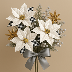 Bukiet świąteczny 3 białe poinsecje z dodatkami i kokardą | Dekoracja zimowa elegancka bożonarodzeniowa