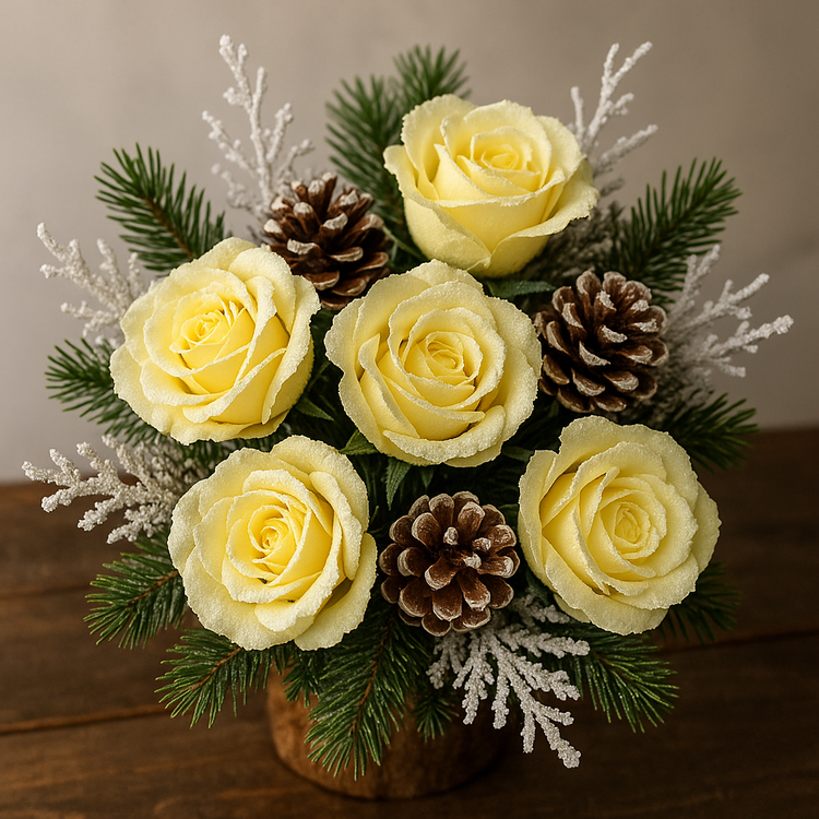 Róża dekoracyjna oszroniona 12 cm – zestaw 6 szt., pastelowy żółty – główki kwiatów do stroików, wianków, DIY