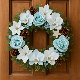 Wianek świąteczny z igliwia 25 cm w biało-błękitnej kolorystyce