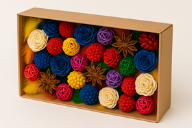 Zestaw do dekoracji DIY 10 kolorów • szyszki, piórka, kulki ratan, kwiaty shola • prezent box