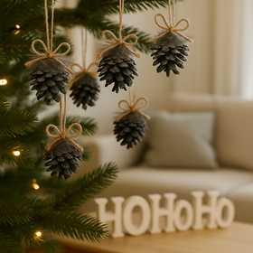 Dekoracje świąteczne. Szyszki. Zawieszki  ozdoby choinkowe- czarno-grafitowe z piórami 6 szt/op