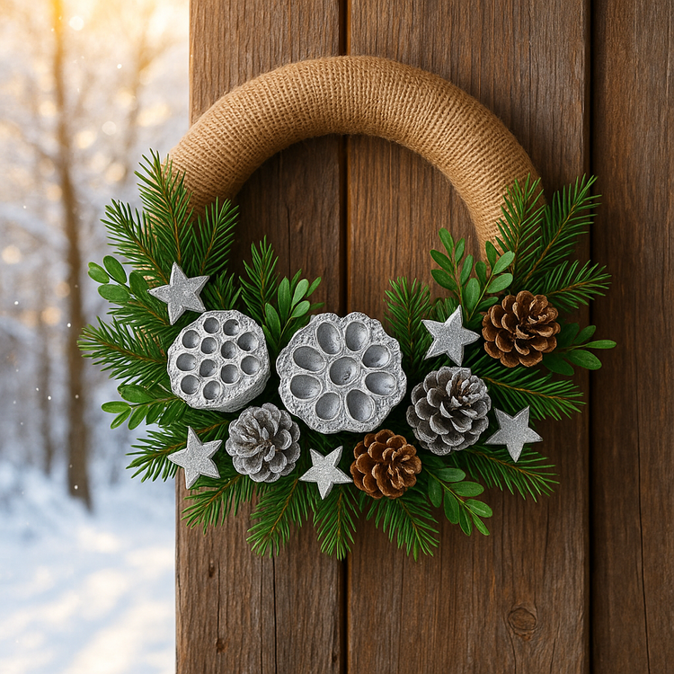 Wianek zimowy na drzwi 25 cm – naturalna juta, zielone gałązki, szyszki, srebrne lotosy, dekoracja świąteczna