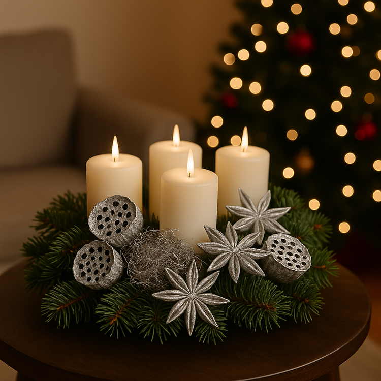 Srebrny zestaw dekoracyjny DIY GrandDeco – lotosy, anyż i korzonki | Komplet do stroików i zimowych aranżacji świątecznych