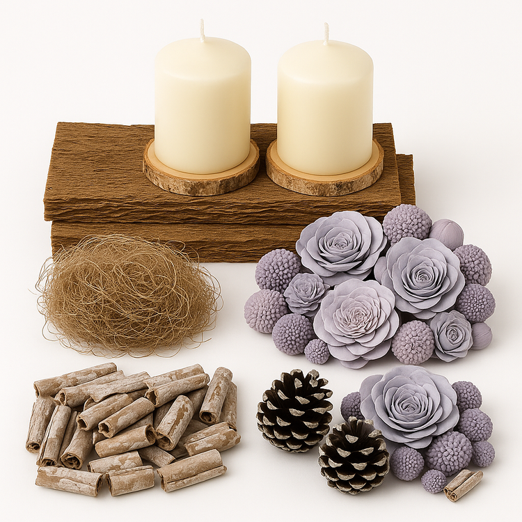 Zestaw DIY – Podwójna Zimowa Kompozycja na Jasnej Korze z Pastelowymi Kwiatami, Szyszkami i Świecami | Dekoracja Premium
