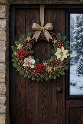 Wianek świąteczny 30 cm – z gałązek, igliwia, róż i poinsecji, z szyszkami, jutą i brokatowym wykończeniem