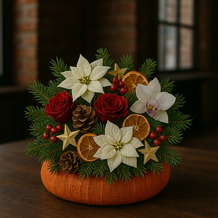 Stroik świąteczny 25 cm – na pomarańczowym wianku jutowym ze storczykami, różami, poinsecjami i suszonymi pomarańczami